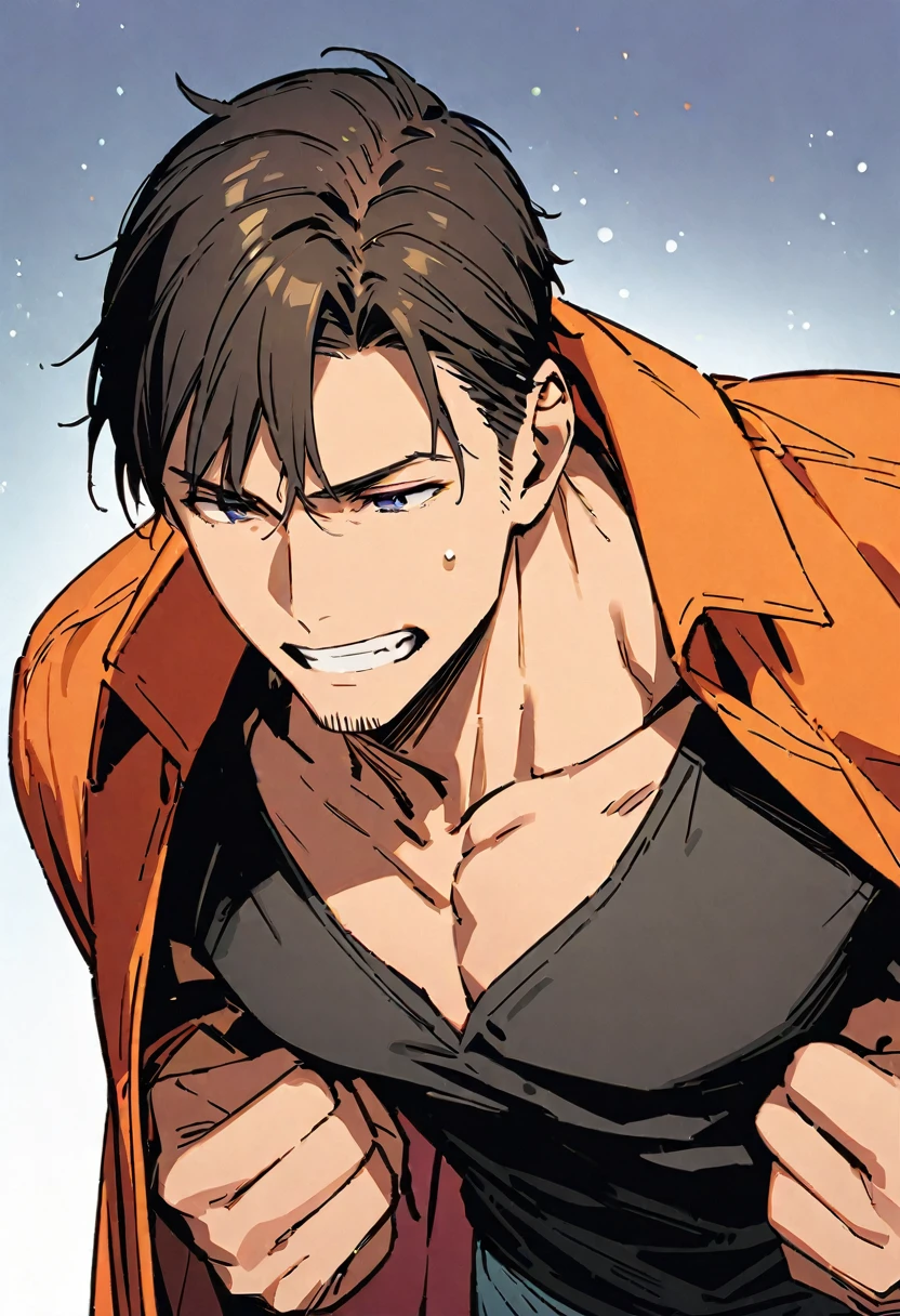 ultra high res, best quality, masterpiece, 1boy,4, red hair,brown eyes, jeans, red jacket, white shirt, open jacket, extremely muscular masculine man, scream, shirtless