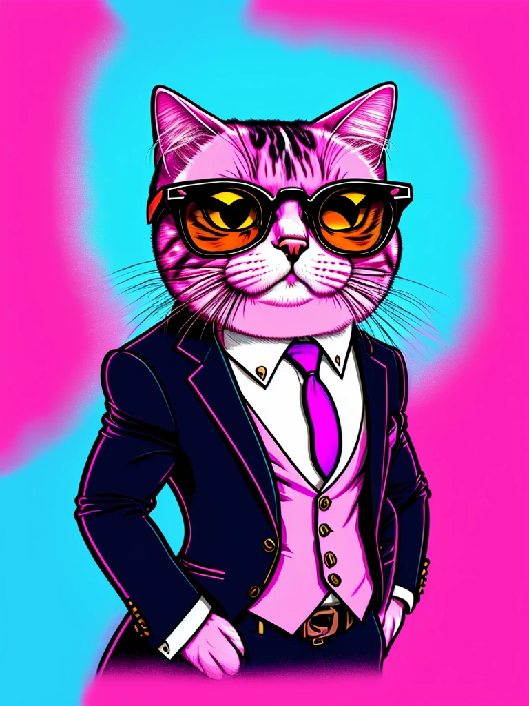 [ pink background] a cat with glasses and a suit posing in a half-body photo, cartoon style, caricature illustration, ultra-detailed, cartoon!!!, hippie, cartoon, [profile photo style], [ half of the body]