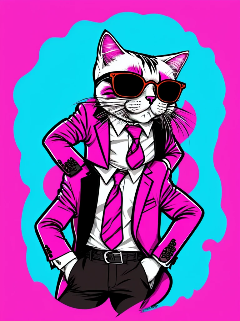 [ pink background] a cat with glasses and a suit posing in a half-body photo, cartoon style, caricature illustration, ultra-detailed, cartoon!!!, hippie, cartoon, [profile photo style], [ half of the body]