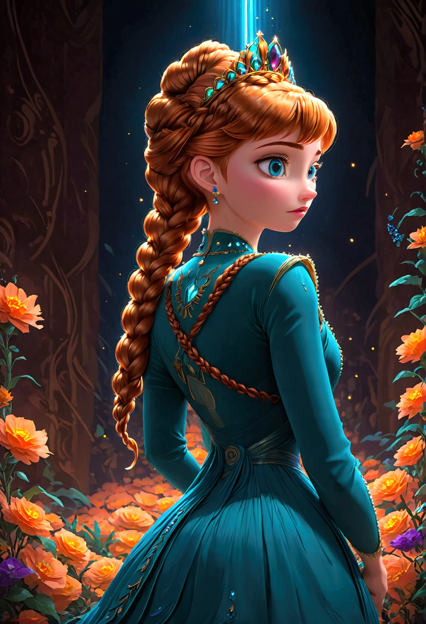 1girl, Anna \(frozen\), Anna of arendelle, queen dress, tiara, updo, solo, twin braids, braid, orange hair, upper body, long hair, worm light, solo, disney, (Back View, from behind:1.4), looking back over shoulder, anime screenshot, source_anime, dramatic composition, cinematic dynamic action scene, vibrant colors, cinematic lighting, dramatic lighting, best quality, masterpiece, very aesthetic, perfect composition, intricate details, ultra-detailed