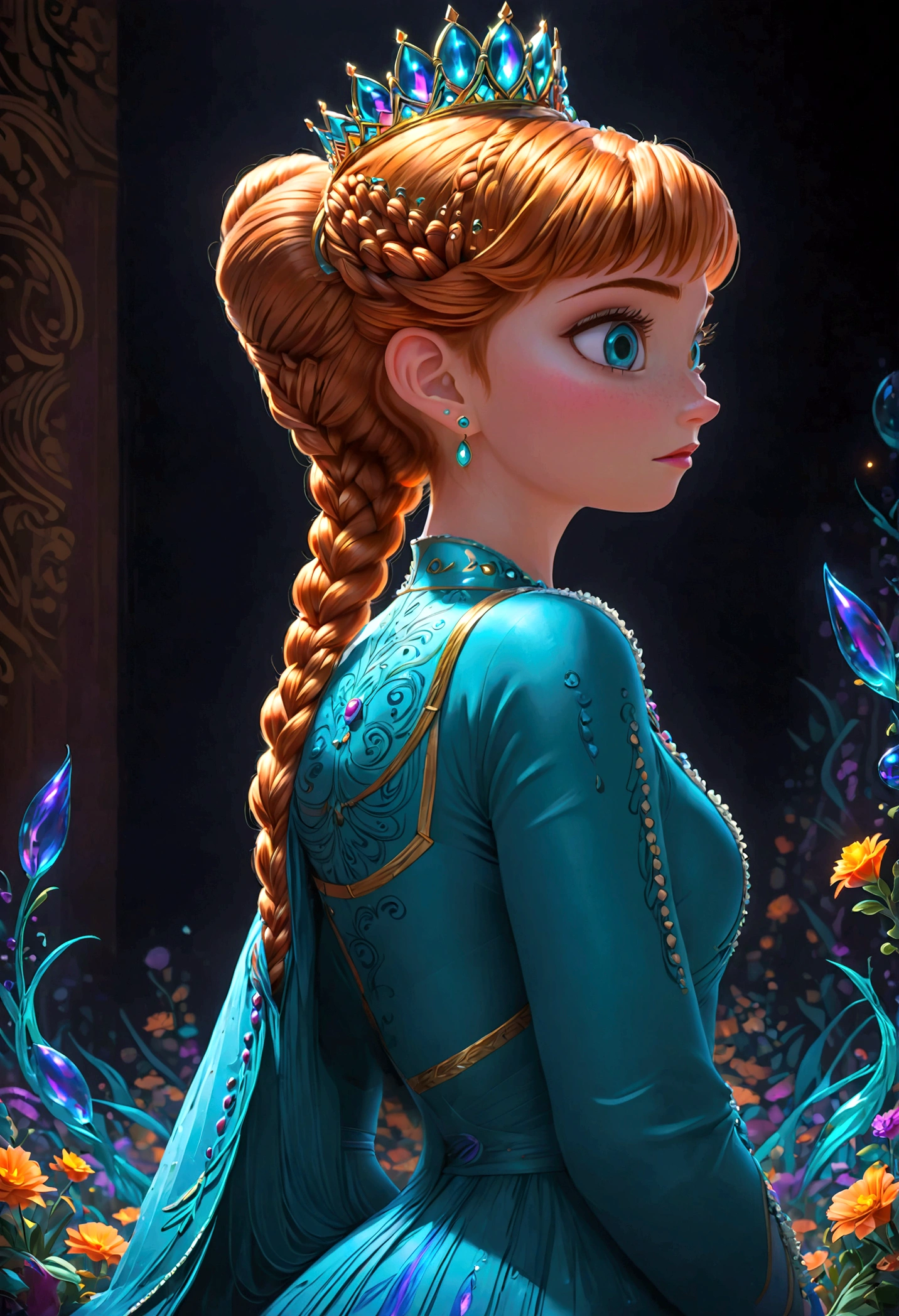 1girl, Anna \(frozen\), Anna of arendelle, queen dress, tiara, updo, solo, twin braids, braid, orange hair, upper body, long hair, worm light, solo, disney, (Back View, from behind:1.4), looking back over shoulder, anime screenshot, source_anime, dramatic composition, cinematic dynamic action scene, vibrant colors, cinematic lighting, dramatic lighting, best quality, masterpiece, very aesthetic, perfect composition, intricate details, ultra-detailed