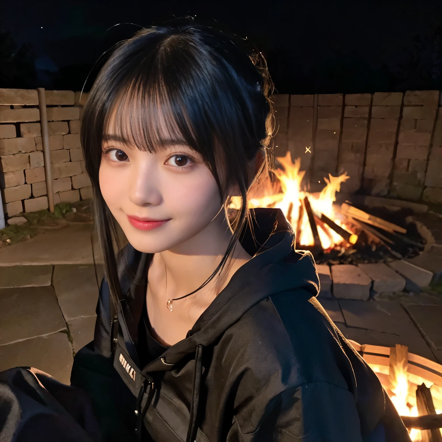 (highest quality,In 8K,masterpiece:1.3,),(超A high resolution,Photorealistic:1.4,Raw photo),(Ultra-detailed,Glowing Skin,Delicate skin),(Detailed face,Perfect Anatomy,Caustics),(Girl making a bonfire in the mountains),cute,18-year-old,Japanese,Japanese Ido,smile,Looking down at the camera,Black-haired,Short Ponytail,Large Breasts,(Hooded parka),Long trousers,Late at night,(Star-filled night sky),Realistic bonfire flames,(Close-up of a bonfire:1.1),Bonfire Focus,Low position,Low angle,