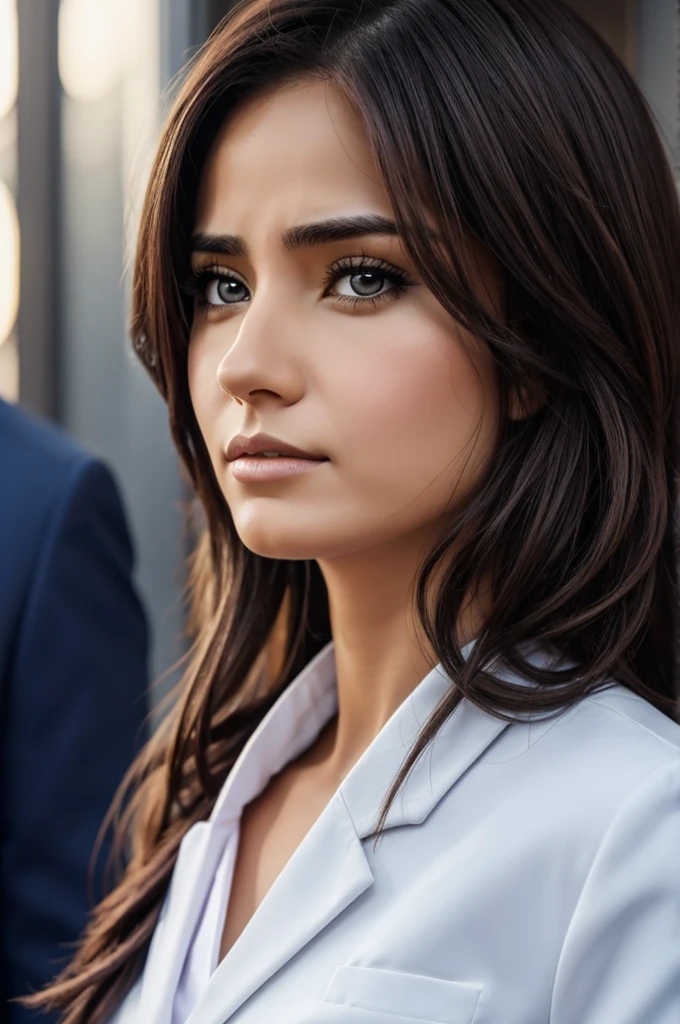 Mujer con ojos cansados ,2d, traje de cientifica y pelo despeinado