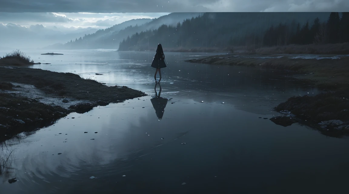 A lot of rain is falling on the mirror-like surface of the water, and it keeps raining all the time, (Photographic, Best Quality, High Quality, Highres:1.4), Detailed, Extremely Detailed, Ambient Soft Lighting, 4K, Background, Depth of Field,