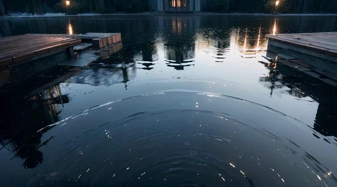 A lot of rain is falling on the mirror-like surface of the water, and it keeps raining all the time, (Photographic, Best Quality, High Quality, Highres:1.4), Detailed, Extremely Detailed, Ambient Soft Lighting, 4K, Background, Depth of Field,