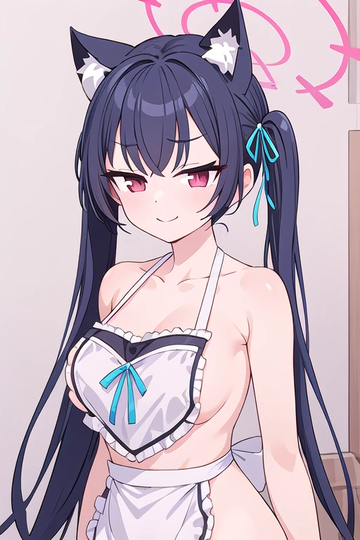 serika_bluearchive,cat ears,looking at viewer, little smile,white naked apron, slim, dizzy, big-chest, wide hips, perfect waist, day atmosphere, hair ornament, sensual face