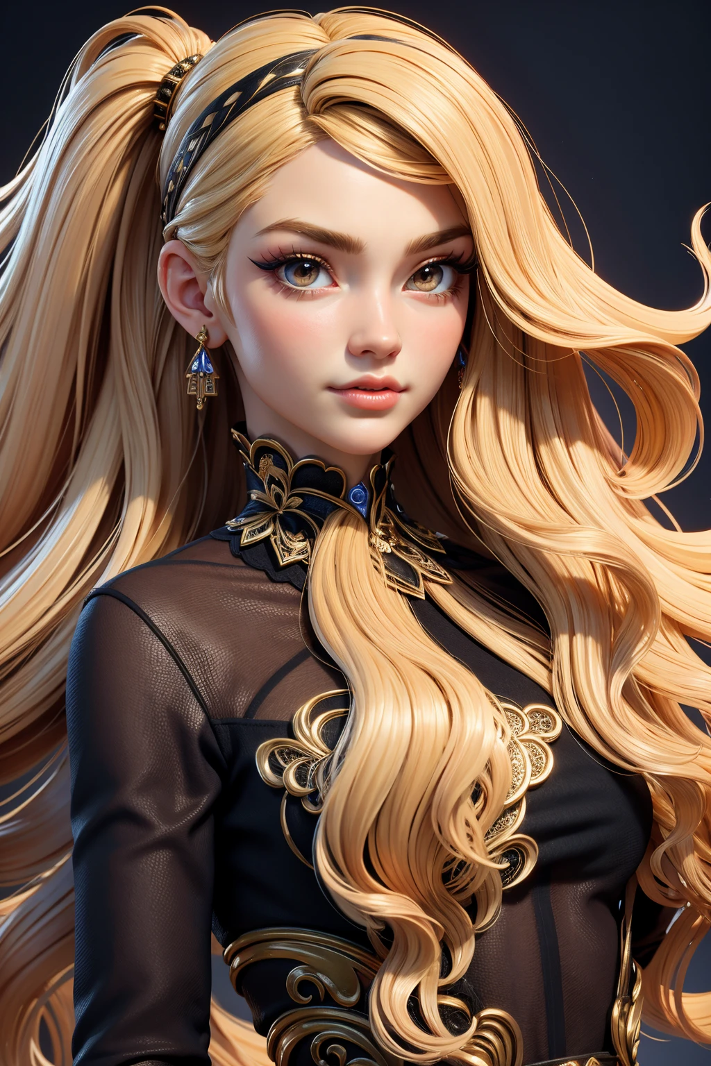 3dmm style,(masterpiece, top quality, best quality, official art, beautiful and aesthetic:1.2), (fractal art:1.3), 1girl, beautiful, high detailed, blonde hair, long hair, wavy hair, hairband, makeup, eyeshadow, mascara, lipstick, dark lighting, serious face,