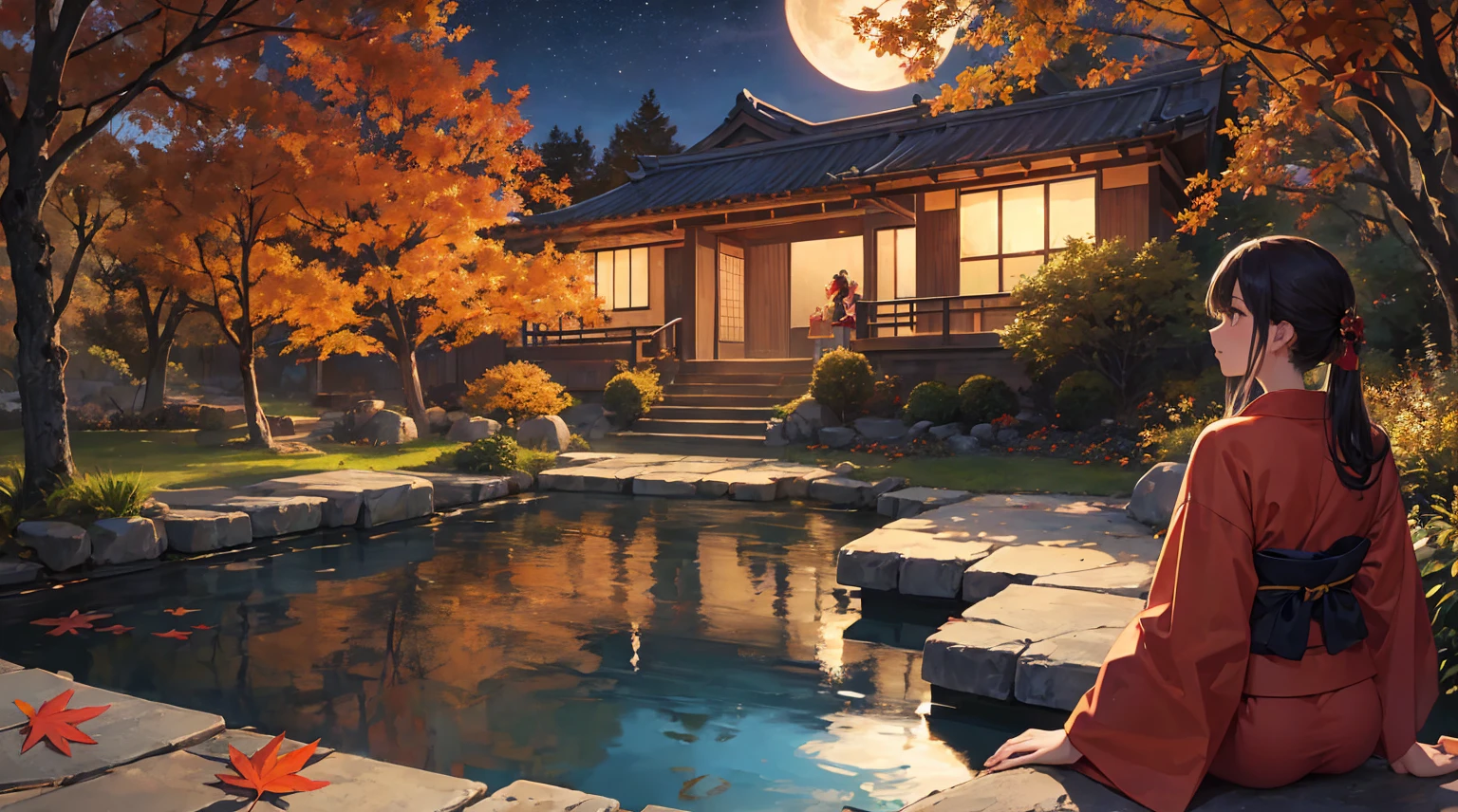 "It depicts an enchanting evening scene depicting a tranquil pond bathed in the hues of fiery autumn foliage.。. The composition is、The maple leaf and the prominent features of the nearby majestic maple tree should be highlighted.。. In the foreground, A Japanese woman in her 30s stands gracefully on the ground, Dressed in a bright red kimono. The kimono accentuates her elegance., Her beauty shines in the moonlight. She has a timeless charm, Capturing the Essence of the Season. A woman looks at a sparkling pond, Autumn leaves reflected on the water surface. Her expression is one of calm contemplation., Immerse yourself in the quiet beauty of the night. A magnificent maple tree is depicted in the background., Branches decorated with shiny leaves that seem to catch the moonlight.. The pond reflects a fantastic scene, Enhance the charm of the moment. The overall configuration is、It should exude a sense of serenity and reverence for natural beauty.。. In this enchanting autumn landscape、Let the enchanting beauty of the woman and the brilliance of the autumn leaves take center stage.。."