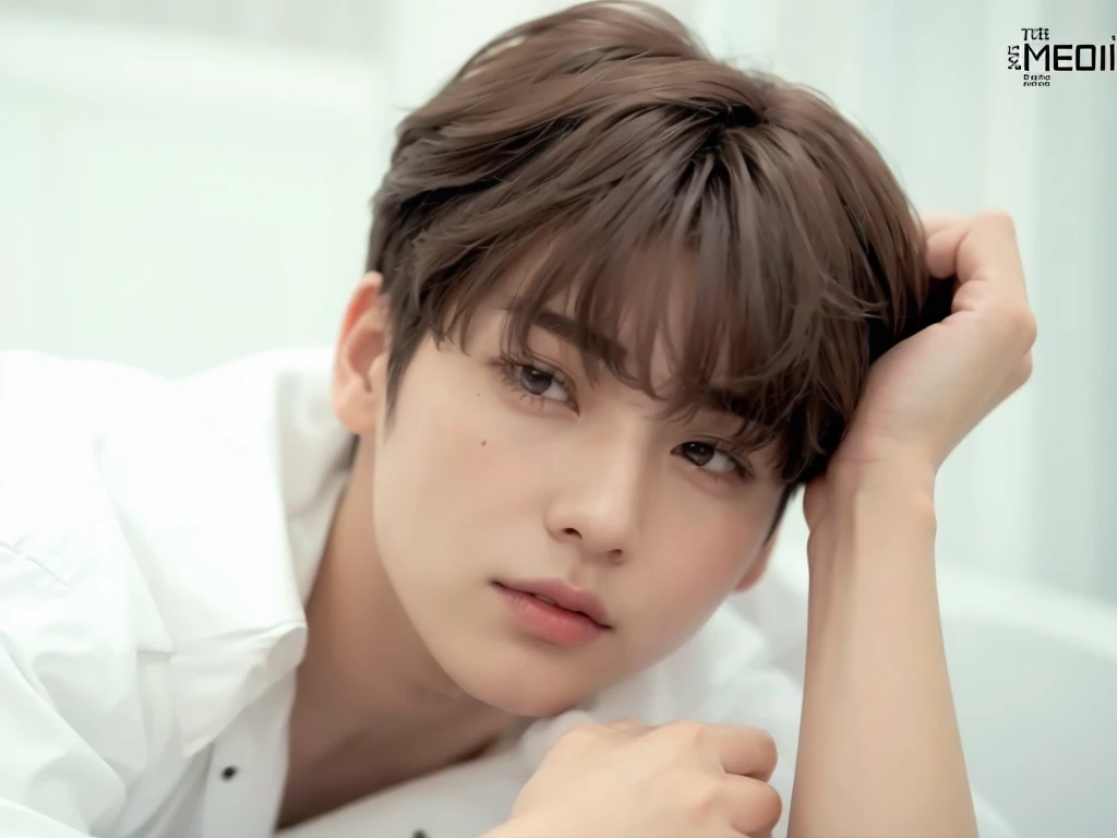 Kpop boy, Jeon Jungkook, smooth skin, big eyes, beautiful lips.