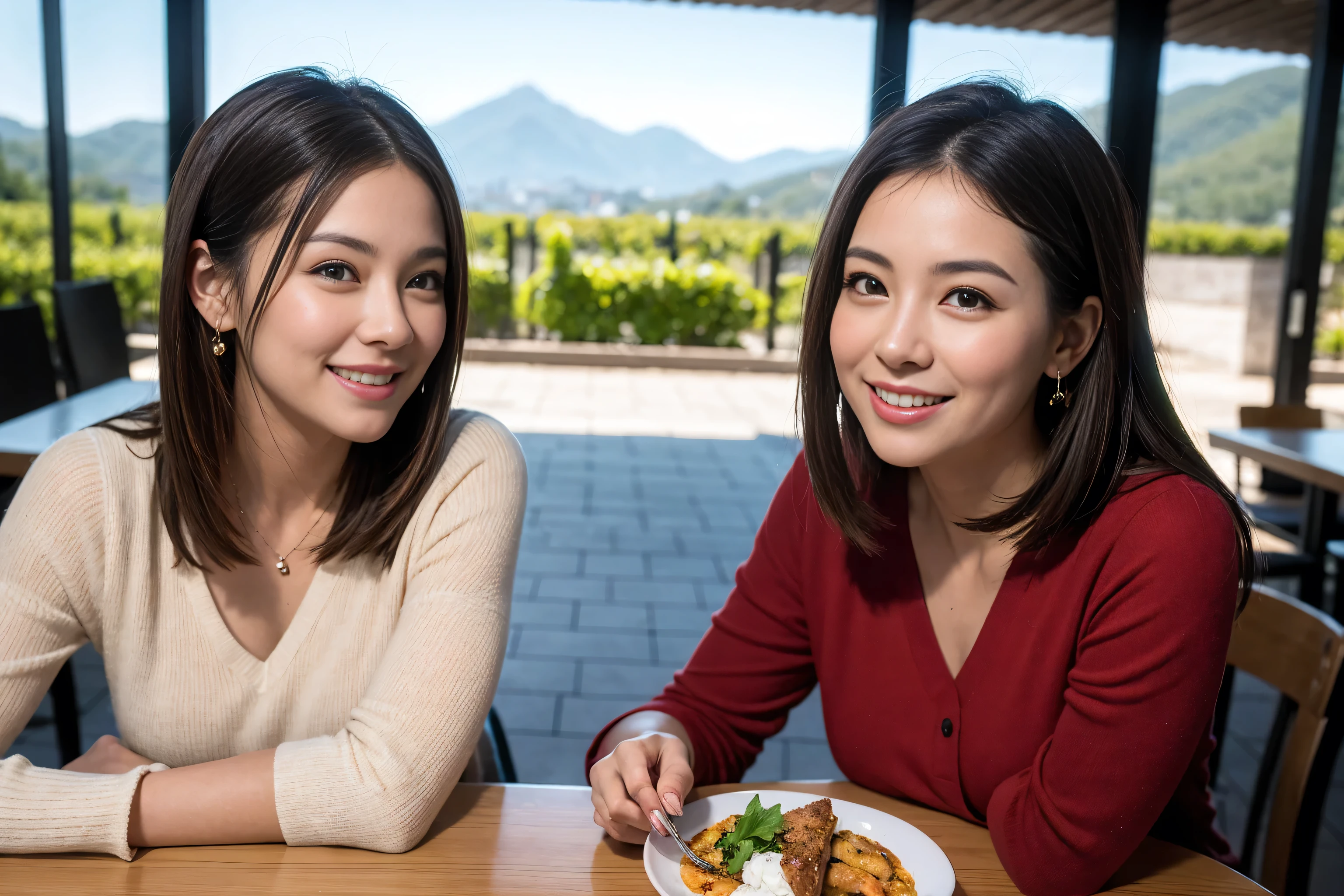 ((highest quality、8k、masterpiece:1.3))、1 male、1 female、Couple、spouse、Couple、The body is slim、((Bob Hale、Straight hair:1.2)), (Realistic, Intricate details:1.2), Wine glass on the table、Put the light on your face、 Amazing view of the sunset sky and clouds、Amazing mountain views、A bright smile、The wonderfulness of smile、Bright image、The beauty of wine, Beautiful Face, blue eyes, The light shines on your face, Blushing, short hair,Bright Face、 (age 34), 39 years old, red wine 、Appetizers、Italian food、Wine bottle、Champagne、sparkling wine、Two beauties、Brown Hair、Shortcuts、Long sleeve shirt、dress、Pretty Woman 1, (Slim face), (The body is slim), (Brown Hair), (Shortcuts), cheeks turn a little red,Attractive beauty、restaurant, In a prominent place (From the waist up) Nova Frog Style, actress, model, Upper Body, White wine, slim, wine glass, A wine glass placed in the center, smile, (smile: 1.15), Beautiful fine grain, Depth f/2,saturation, High Contrast, Strong light and shadow,Moist Body:1.5、3D texture、Delicate eyes、Brown Hair、The hair is very shiny、
