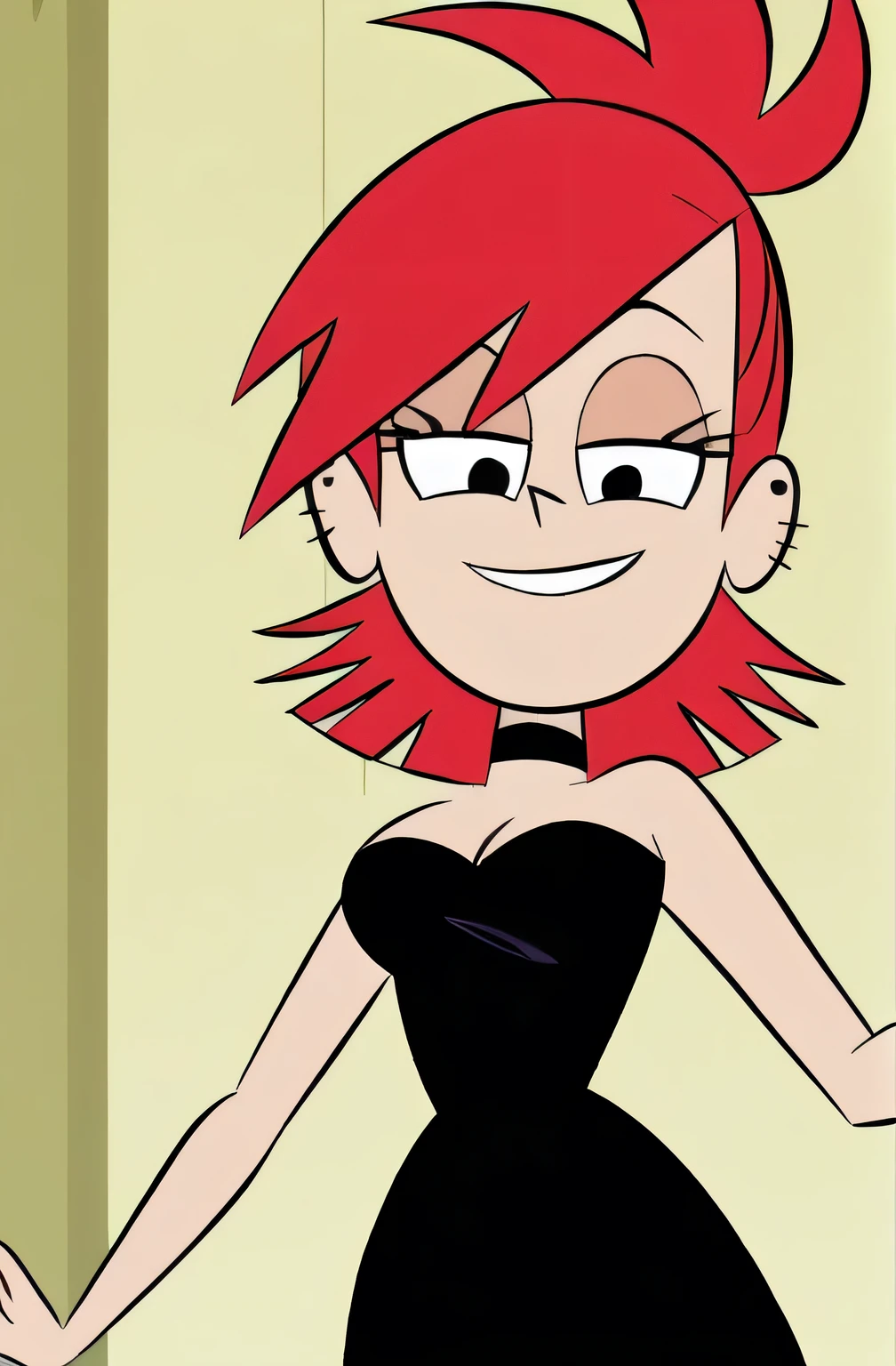 FrankieFoster, red medium hair, red bob hair cut, black eyes, solo, strapless black dress, smug, chocker, beautiful, cleavage, expensive ballroom, looking at viewers, from below, Reached her arms out.