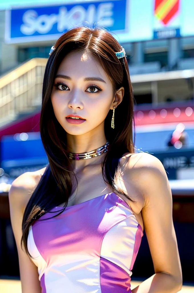 Tzuyu 1, woman, (Realistic), (Hyperrealism), (photoRealistic), Written boundary depth, eye make up:0.7 (whole body:1.2), (Large Bust),(Tight waist), Observe the audience,In the pits of a race track, Race Queen, A sexy dress with open shoulders and neckline
