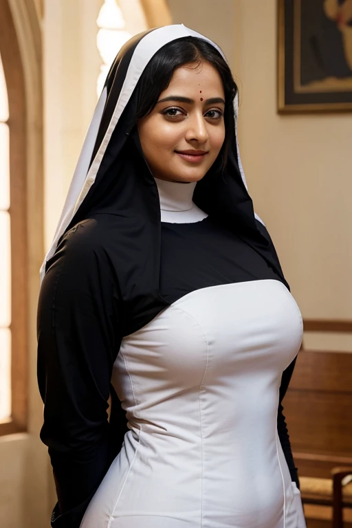 Anushka Shetty, curvy, British, 20s, catholic nun, smile