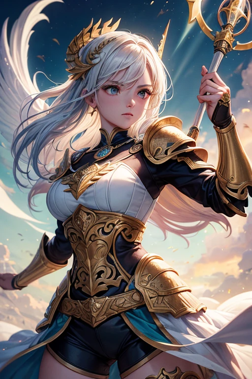 award winning concept art of flying tall (1girl:1.2) in platinum shiny ornate armor, epic, god rays, centered, (masterpiece:1.2), (best quality:1.2), Amazing, highly detailed, beautiful, finely detail, warm soft color grading, Depth of field, extremely detailed 8k, fine art, stunning, iridescent, shiny, light reflections, crisp, curls, wind, flying leaves, dynamic pose, hyper realism, vibrant, sunlit, edge detection