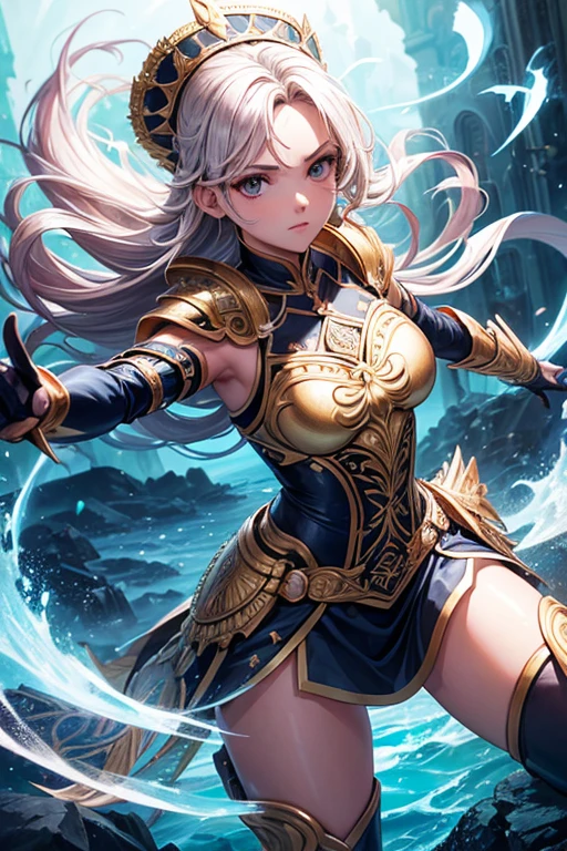 ((mejor calidad)), ((detallado)), ((obra maestra)), (alucinante), encantador, (Extraordinario), Fancy, guerrera, hermoso rostro, forma fuerte, ornate detallado mini body armor, armadura sexy, armadura reveladora, disfraces atractivos , sosteniendo una espada dorada y un escudo, botas altas de cuero, foto de cuerpo completo, action pose, obra de arte digital, Digital obra maestra, pintura digital, ethereal lighting, transcendent atmosphere, dream light, magical lighting, F/2.8, Lentes de aumento, Fast lens