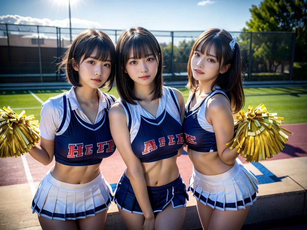 (RAW photo, 4k, masterpiece, high resolution, extremely complex) (realistic: 1.4), cinematic lighting
 ((2 girls, 2 schoolgirls)),blushing,((innocent)),bright eyes,round eyes,blunt bangs,(short bob hair:1.3),black hair,large breasts,wide hips,Summer Noon, ,Hot, (Best Quality), (Highres), (an Extremely Delicate and Beautiful),(Beautiful 8k face),(Brown eyes),( spectators),(gigantic breasts),(Play with each other,Touching each other's bodies,Touching the body),(cheer girl:1.5),(a miniskirt),(reality),bright lighting,(The background is a luxury hotel room)