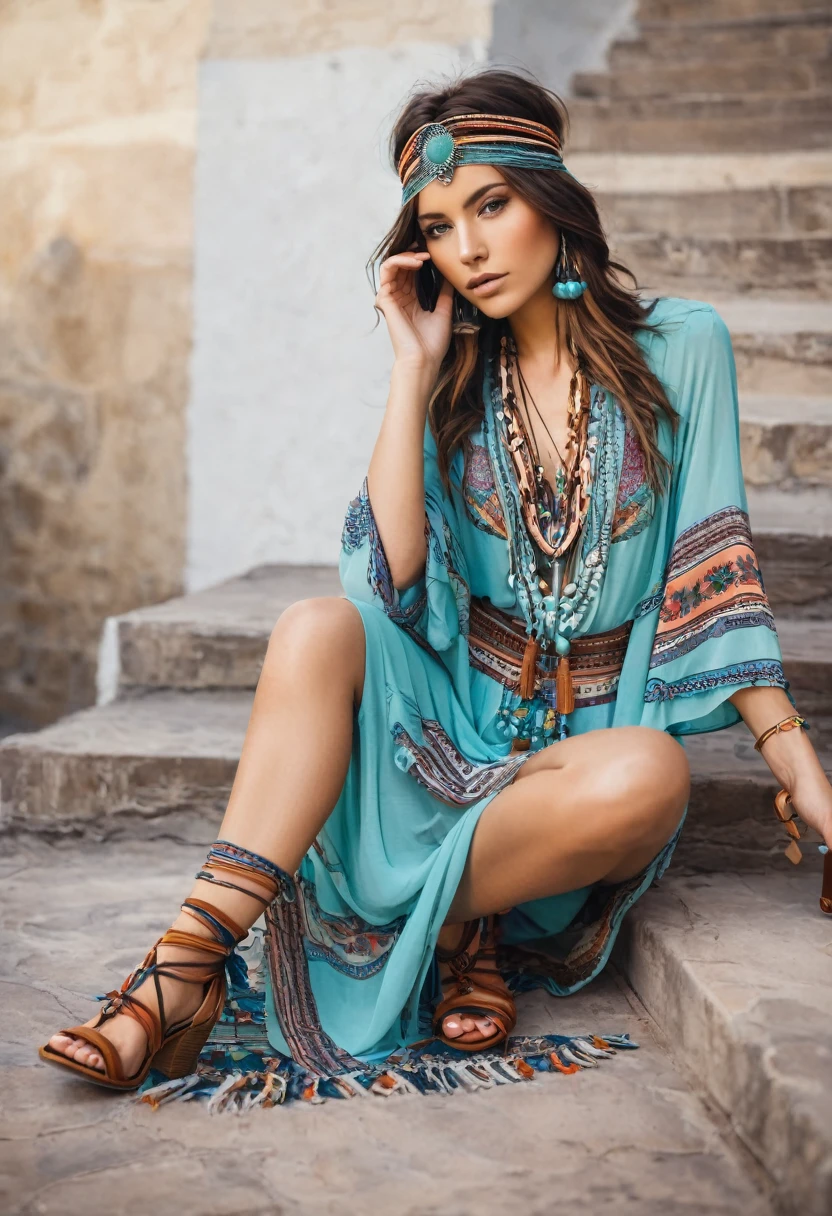 Beautiful attractive woman , boho style , shoes 