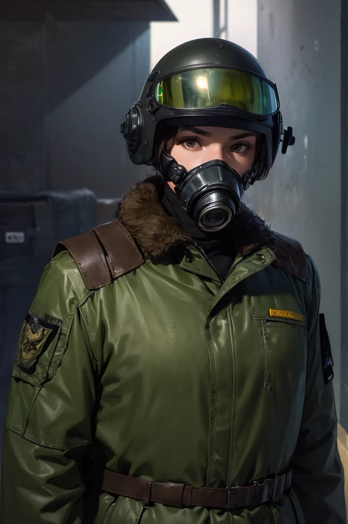 (masterpiece), highest quality, Faceless, hidden face, soldier, Full Face Mask, Green Lens, Thin mask lenses, female, Green Tactical Helmet, Black M50 Gas Mask, Brown leather and fur-lined duster coat, Green Tactical Vest, Waist up view, Upper Body