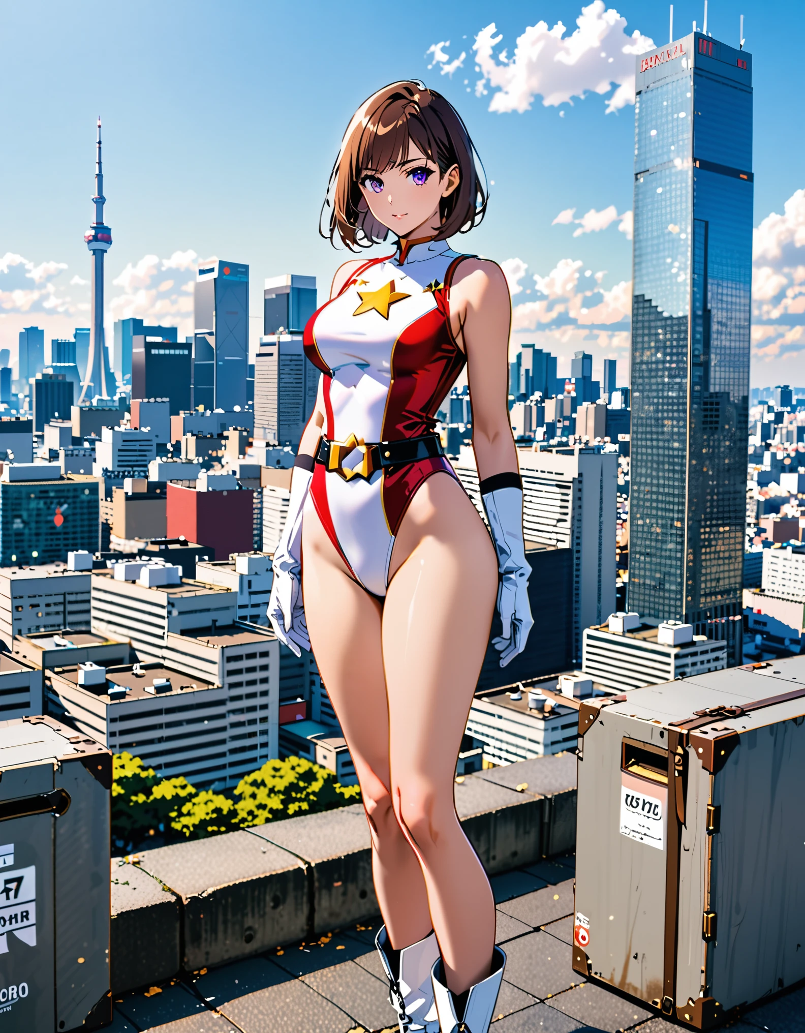 (masterpiece), (best quality), (high res), medium breasts, ((leotard, white and red leotard, matching leotard, sleeveless, bare legs)), ((tight belt, gold belt)), ((boots, matching boots, ankle-high boots, white boots)), ((gloves, white gloves)), city backdrop, tokyo city backdrop, solo, solo focus, standing, (full body), cowboy shot, superhero, ((beautiful detailed eyes)), ((gold star symbol on chest)), (brown hair, medium hair, bob hair, purple eyes), (perfect hands, perfect anatomy), cowboy shot, superhero, ((beautiful detailed eyes)), full body costume design.