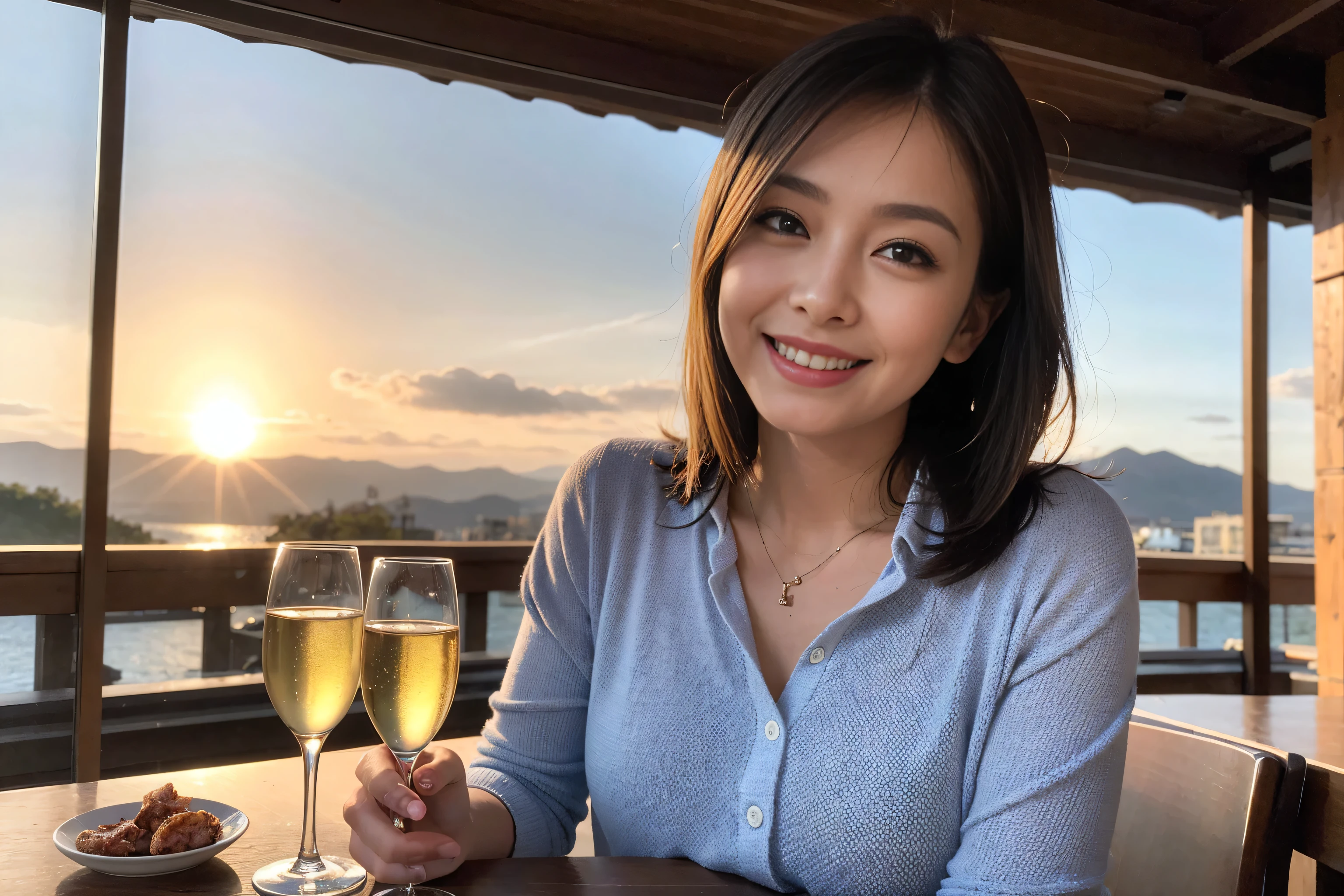 ((highest quality、8k、masterpiece:1.3))、1 male、1 female、Couple、spouse、Couple、The body is slim、((Bob Hale、Straight hair:1.2)), (Realistic, Intricate details:1.2), Wine glass on the table、Shine light on your face、 Amazing view of the sunset sky and clouds、Amazing mountain views、A bright smile、The wonderfulness of smile、Bright image、The beauty of wine, Beautiful Face, blue eyes, The light shines on your face, Blushing, short hair,Bright Face、 (Age 43), 39 years old, red wine 、Appetizers、Italian food、Wine bottle、Champagne、sparkling wine、Two beauties、Brown Hair、Shortcuts、Long sleeve shirt、dress、Pretty Woman 1, (Slim face), (The body is slim), (Brown Hair), (Shortcuts), cheeks turn a little red,Attractive beauty、restaurant, In a prominent place (From the waist up) Nova Frog Style, actress, model, Upper Body, White wine, slim, wine glass, A wine glass placed in the center, smile, (smile: 1.15), Beautiful fine grain, Depth f/2,saturation, High Contrast, Strong light and shadow,Moist Body:1.5、3D texture、Delicate eyes、Brown Hair、The hair is very shiny、