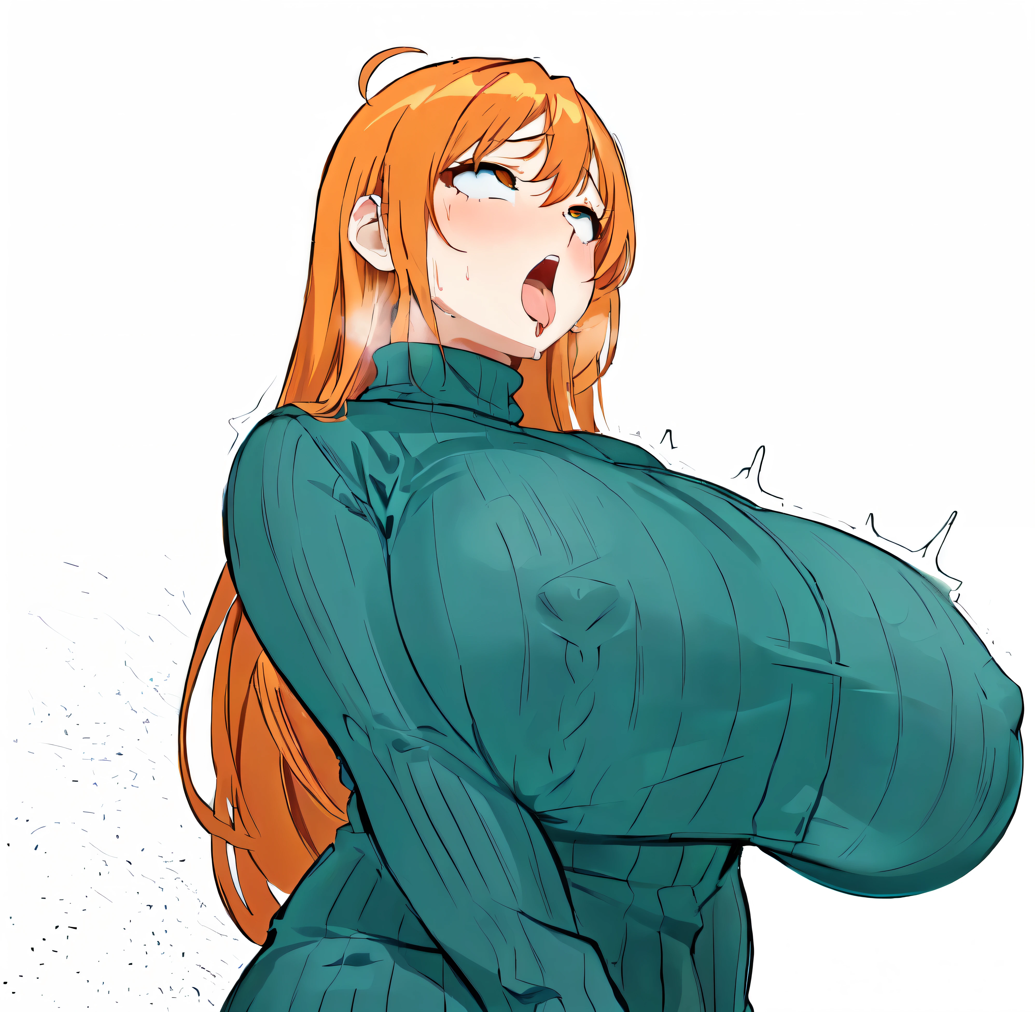 1girl, solo, huge breasts, long hair, open mouth, orange hair, large breasts, holding, sweat drop, a cartoon image an animated standing close to one another in a cartoon, 1girl, breasts, , pants,  ahoge, cleavage, turtleneck, turtleneck sweater, ahegao, empty eyes, 
