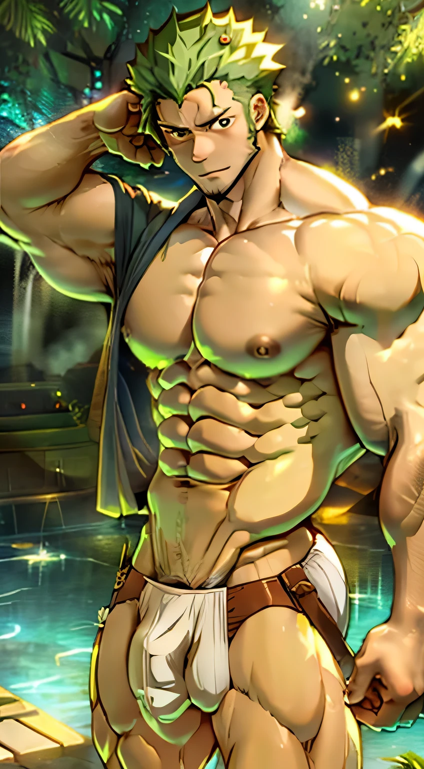 Anime guy shirtless muscular with green hair