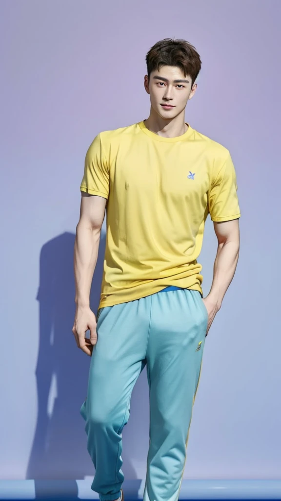 25-year-old man, wearing light blue shirt and loose-fitting violet gym pants with yellow, European fit man, fit man, hot man, handsome actor, Zheng Yecheng