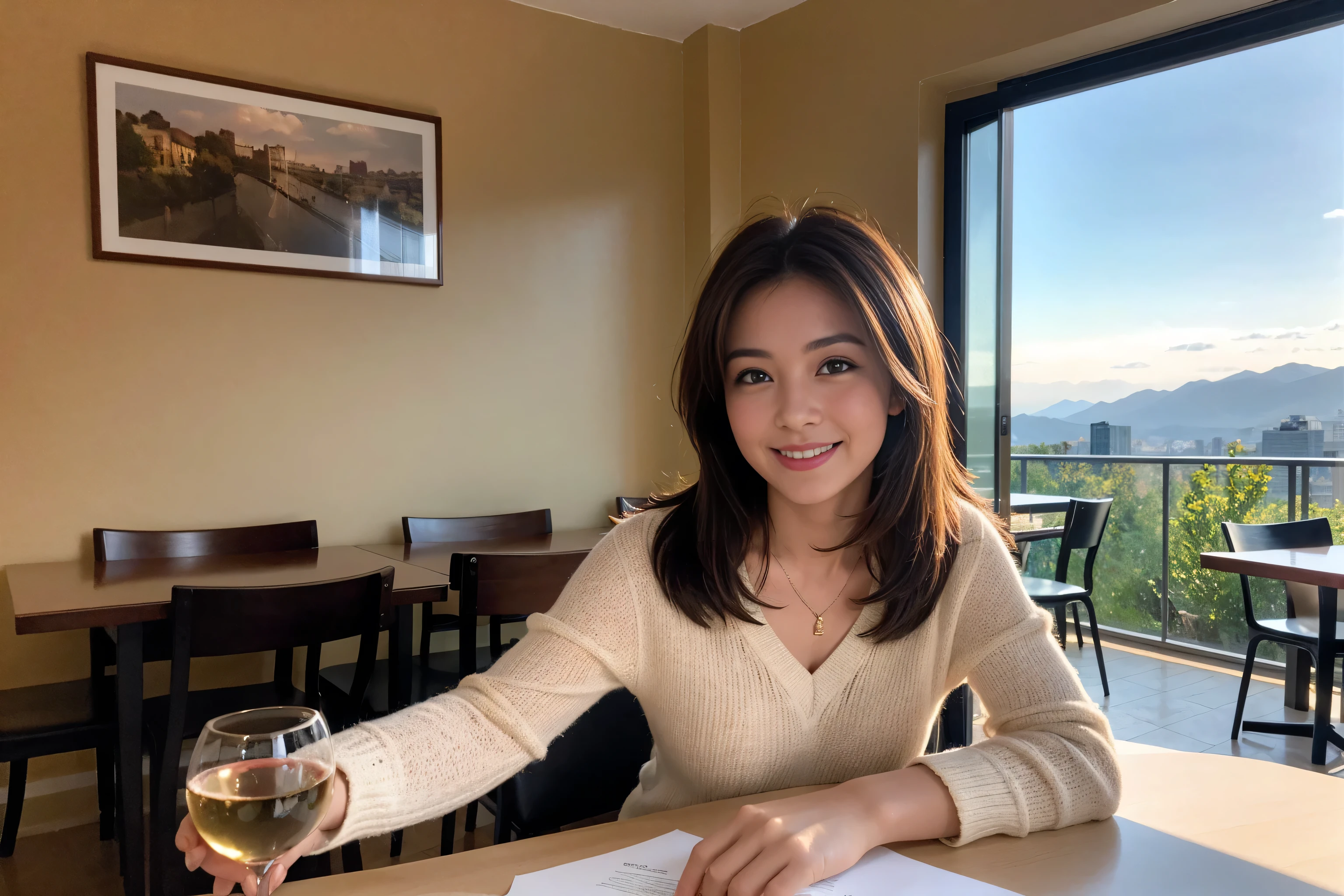 ((highest quality、8k、masterpiece:1.3))、1 male、1 female、Couple、spouse、Couple、The body is slim、((Bob Hale、Straight hair:1.2)), (Realistic, Intricate details:1.2), Wine glass on the table、Shine light on your face、 Amazing view of the sunset sky and clouds、Amazing mountain views、A bright smile、The wonderfulness of smile、Bright image、The beauty of wine, Beautiful Face, blue eyes, The light shines on your face, Blushing, short hair,Bright Face、 (Age 43), 39 years old, red wine 、Appetizers、Italian food、Wine bottle、Champagne、sparkling wine、Two beauties、Brown Hair、Shortcuts、Long sleeve shirt、dress、Pretty Woman 1, (Slim face), (The body is slim), (Brown Hair), (Shortcuts), cheeks turn a little red,Attractive beauty、restaurant, In a prominent place (From the waist up) Nova Frog Style, actress, model, Upper Body, White wine, slim, wine glass, A wine glass placed in the center, smile, (smile: 1.15), Beautiful fine grain, Depth f/2,saturation, High Contrast, Strong light and shadow,Moist Body:1.5、3D texture、Delicate eyes、Brown Hair、The hair is very shiny、