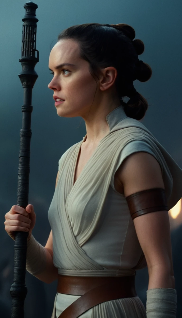 a woman with very small breasts, the breasts are covered, (sideboob), detailed face, holding a battlestick, cinematic film still, shallow depth of field, vignette, highly detailed, high budget Hollywood movie by barry jenkins, cinemascope, moody, epic, gorgeous, film grain, grainy, the focus are on the very small breasts, nsfw, high quality, high res, Daisy Ridley, side profile picture