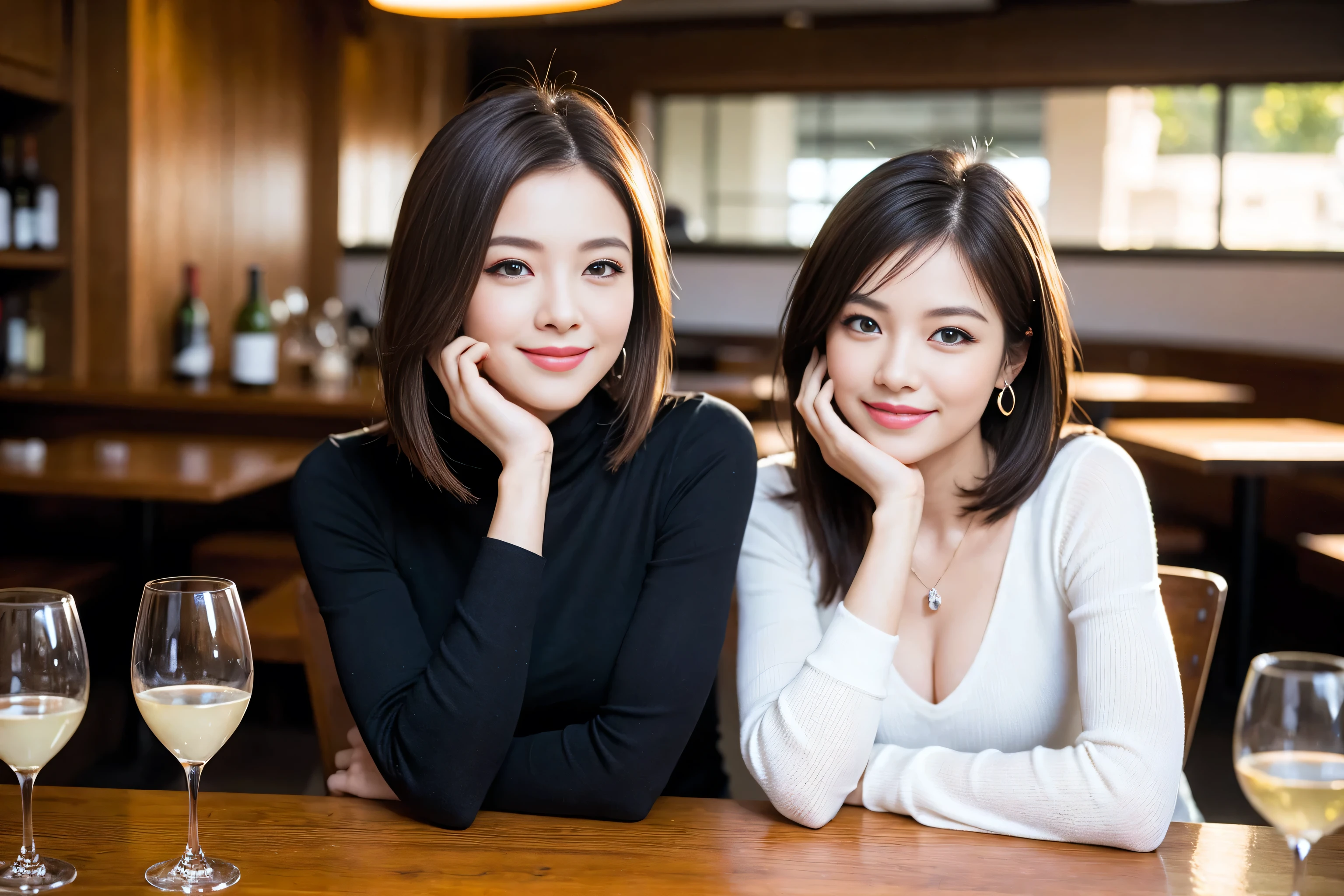 ((highest quality、8k、masterpiece:1.3))、1 male、1 female、Couple、spouse、Couple、The body is slim、((Bob Hale、Straight hair:1.2)), (Realistic, Intricate details:1.2), Wine glass on the table、Shine light on your face、 Amazing view of the sunset sky and clouds、Amazing mountain views、A bright smile、The wonderfulness of smile、Bright image、The beauty of wine, Beautiful Face, blue eyes, The light shines on your face, Blushing, short hair,Bright Face、 (Age 43), 39 years old, red wine 、Appetizers、Italian food、Wine bottle、Champagne、sparkling wine、Two beauties、Brown Hair、Shortcuts、Long sleeve shirt、dress、Pretty Woman 1, (Slim face), (The body is slim), (Brown Hair), (Shortcuts), cheeks turn a little red,Attractive beauty、restaurant, In a prominent place (From the waist up) Nova Frog Style, actress, model, Upper Body, White wine, slim, wine glass, A wine glass placed in the center, smile, (smile: 1.15), Beautiful fine grain, Depth f/2,saturation, High Contrast, Strong light and shadow,Moist Body:1.5、3D texture、Delicate eyes、Brown Hair、The hair is very shiny、