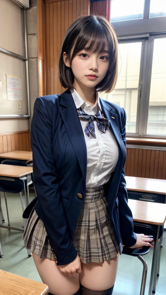 masterpiece, best quality, illustration, Super detailed, fine details, High resolution, 8K,wall paper, perfect dynamic composition,(Details High quality, realistic depiction of eyes:1.3), from side, High School Classroom、High school girl uniform、blazer 、Super Short Check Uniform Skirt、Navy blue high socks、garterbelts、Colossal tits、Disturbed uniform,  short bob hair, black hair color, huge breasts, Big Natural Color Lip, bold sexy pose, (perfect body shape), crying a little、Harajuku style、20 year old girl、 beautiful legs, hposing Gravure Idol, Voluptuous thighs