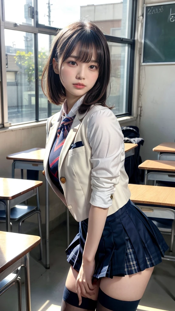 masterpiece, best quality, illustration, Super detailed, fine details, High resolution, 8K,wall paper, perfect dynamic composition,(Details High quality, realistic depiction of eyes:1.3), from side, High School Classroom、High school girl uniform、blazer 、Super Short Check Uniform Skirt、Navy blue high socks、garterbelts、Colossal tits、Disturbed uniform,  short bob hair, black hair color, huge breasts, Big Natural Color Lip, bold sexy pose, (perfect body shape), crying a little、Harajuku style、20 year old girl、 beautiful legs, hposing Gravure Idol, Voluptuous thighs