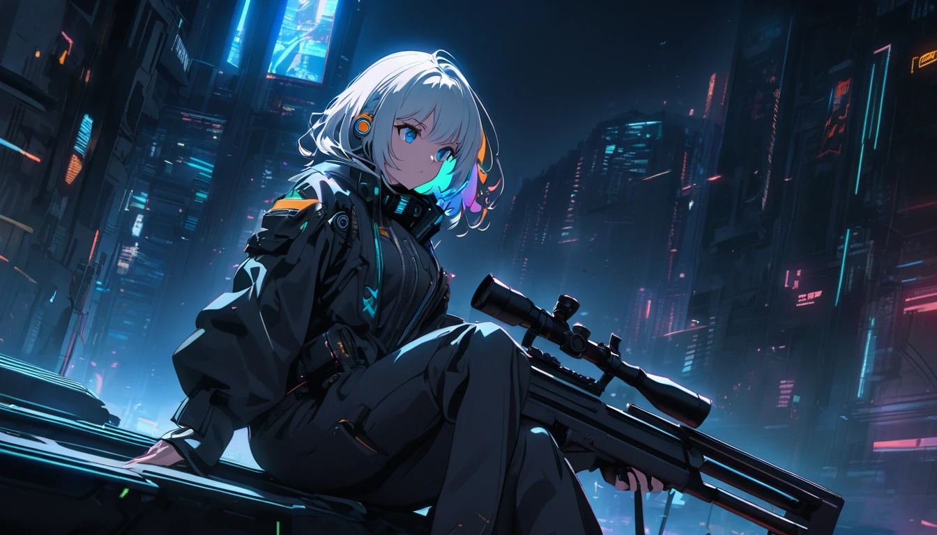 Handsome cute, Solitary, 1 female, Medium Length Hair, white hair, Rainbow hair, blue Eyes, Rainbow headphone, black food, Futuristic, Cyberpunk, Cybernetics panoramic, in the night, looking away, Sitting, holding weapon, sniper rifle,