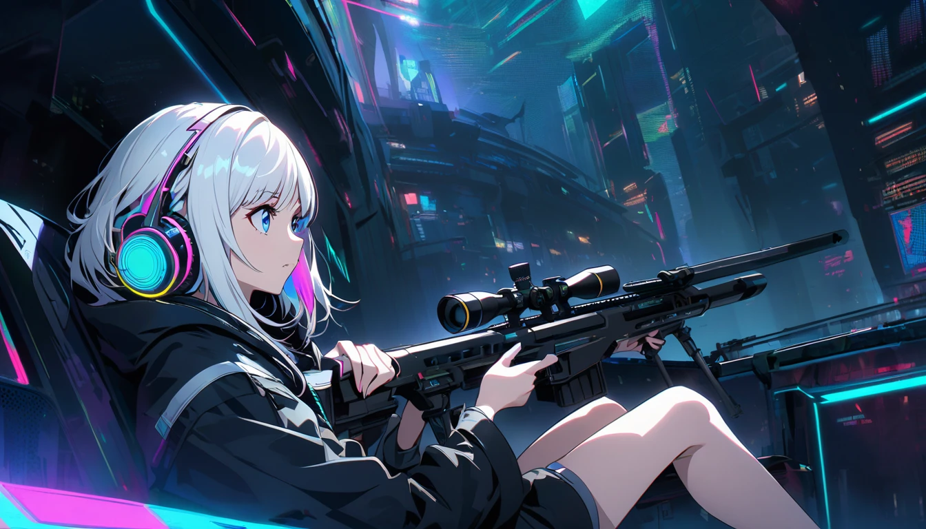 Handsome cute, Solitary, 1 female, Medium Length Hair, white hair, Rainbow hair, blue Eyes, Rainbow headphone, black food, Futuristic, Cyberpunk, Cybernetics panoramic, in the night, looking away, Sitting, holding weapon, sniper rifle,