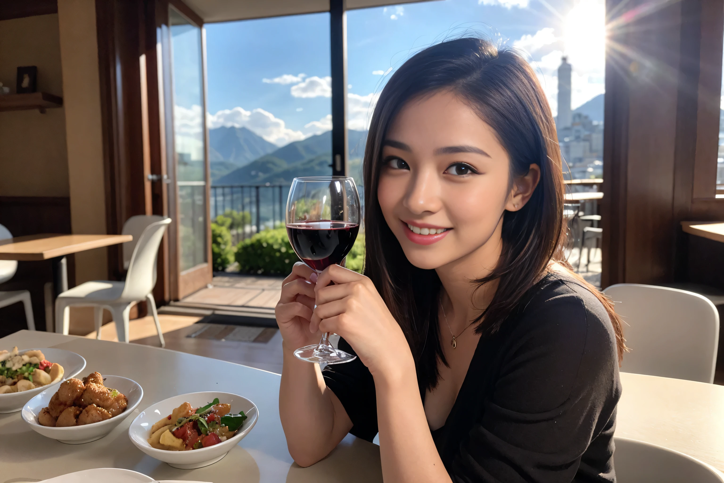 ((highest quality、8k、masterpiece:1.3))、1 male、1 female、Couple、spouse、Couple、The body is slim、((Bob Hale、Straight hair:1.2)), (Realistic, Intricate details:1.2), Wine glass on the table、Put the light on your face、 Amazing view of the sunset sky and clouds、Amazing mountain views、A bright smile、The wonderfulness of smile、Bright image、The beauty of wine, Beautiful Face, blue eyes, The light shines on your face, Blushing, short hair,Bright Face、 (Age 37), 39 years old, red wine 、Appetizers、Italian food、Wine bottle、Champagne、sparkling wine、Two beauties、Brown Hair、Shortcuts、Long sleeve shirt、dress、Pretty Woman 1, (Slim face), (The body is slim), (Brown Hair), (Shortcuts), cheeks turn a little red,Attractive beauty、restaurant, In a prominent place (From the waist up) Nova Frog Style, actress, model, Upper Body, White wine, slim, wine glass, A wine glass placed in the center, smile, (smile: 1.15), Beautiful fine grain, Depth f/2,saturation, High Contrast, Strong light and shadow,Moist Body:1.5、3D texture、Delicate eyes、Brown Hair、The hair is very shiny、