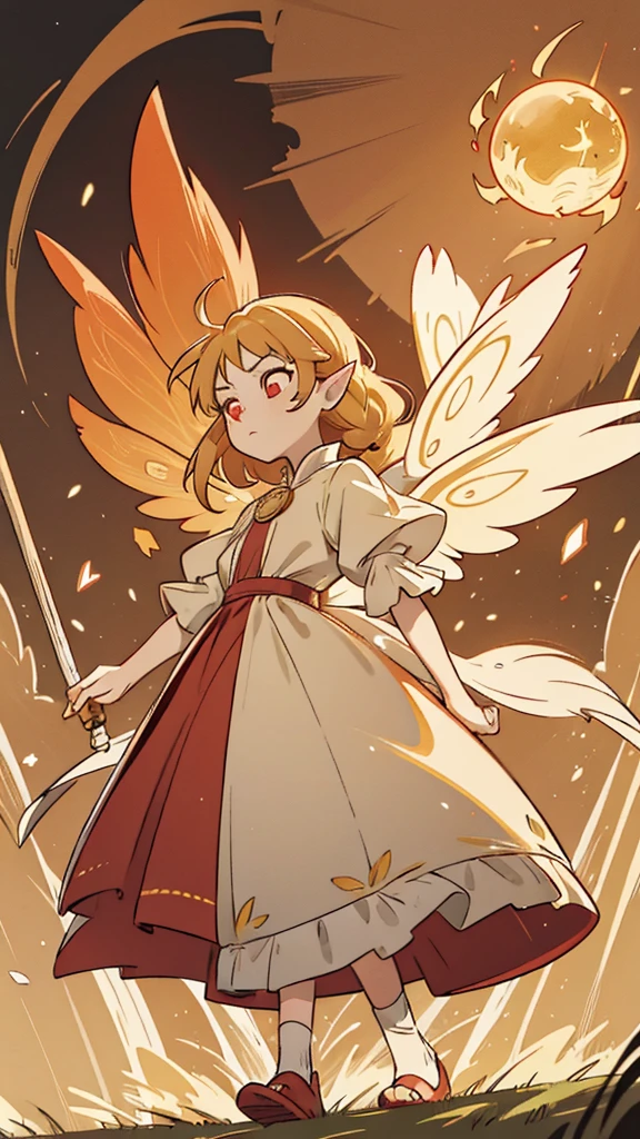 Fairy girl with wings and a fire orb in hand, red ring in finger, Classic Long Dress, Fairy Wings, Red eyes and Blonde Hair, Golden Hair, Serious face, detailed hands, magic, arcane powers, RPG Character, pointy ears, look serious, casting a spell, walking in nature, horizon behind, city, fire, 4k, full hd, detailed image, high quality image