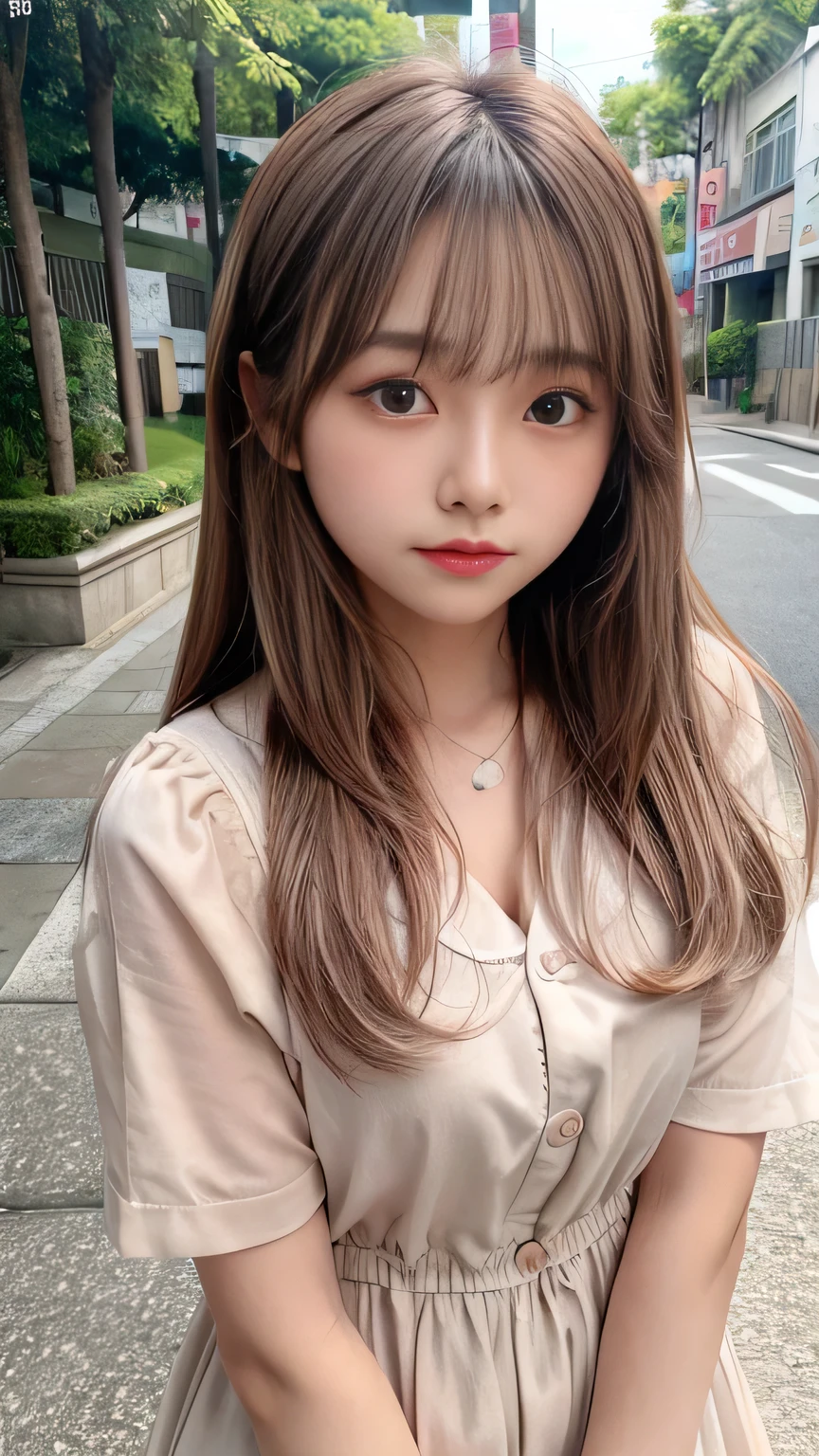 blush, Sunburn marks on tanned skin、blush、Light brown medium hair,A cute 16-year-old girl with a cute look, A strong wind blows my hair in front of my face、Beautiful big sparkling eyes, Cute eyes hidden by long bangs、Yawn、No visible nasolabial folds、A short, light-colored ummer shirts with cute designs and colorful designs、Korean Beauty、ribbon、