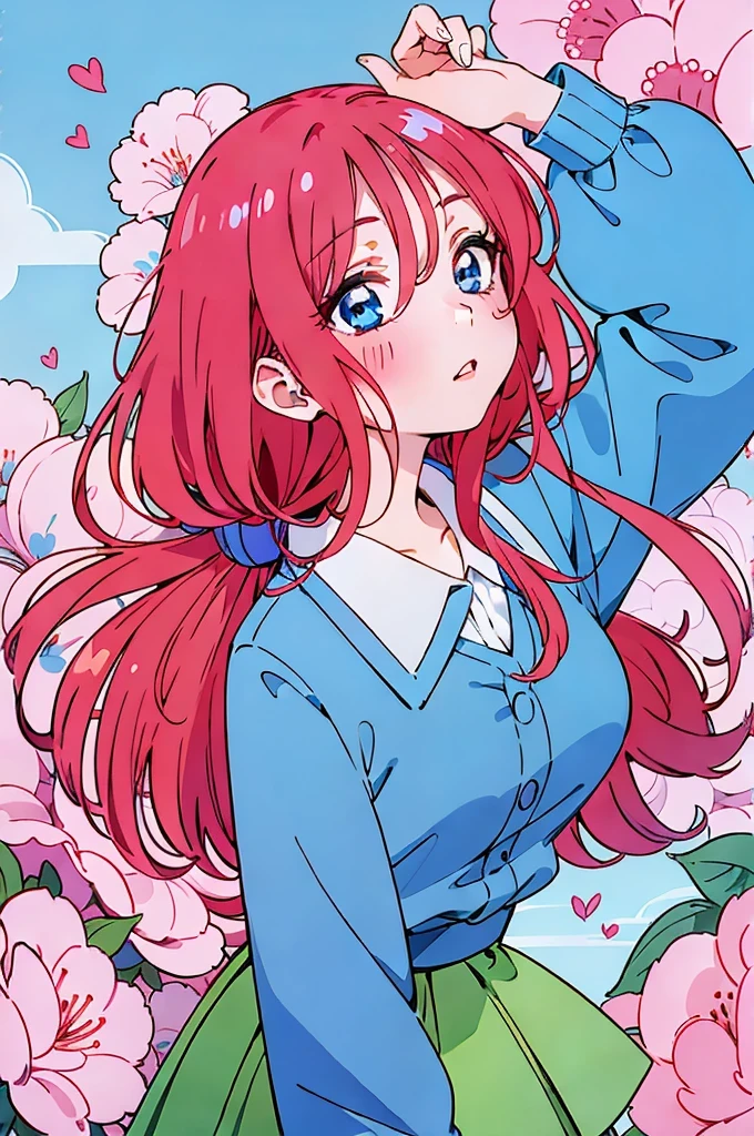 Miku nakano, turned sideways, pointing in front of her, (Old anime, vintage anime, 90's anime style, naoko takeuchi style, masterpiece、top-quality、top-quality、Official art、Beautifully Aesthetic:1.2)、(a beauty girl:1.3)、vivid colours、colourful, lHD Detail, Ultra Detail, soft Light, Deep Focus Bokeh, magical photography, dramatic lighting, intricate details, (1 girl, solo, alone), , sfw, nakano_miku, blue eyes, indigo eyes, aayotsuba, Miku, sparkling blue eyes, sfw, pretty teenage girl with long dark pink hair, heart shaped lips and blue eyes making a cute face, blushing, aamiku, Nakano Miku from The Quintessential Quintuplets, Miku Nakano, masterpiece, 4k, ultradetailed, cowboy shot, nakano miku, long pink red hair, blue headset around neck, calm face, blushing, apathetic calm face, one strand of hair across her face, blue eyes, innocent, pure, shy, tender, lovely