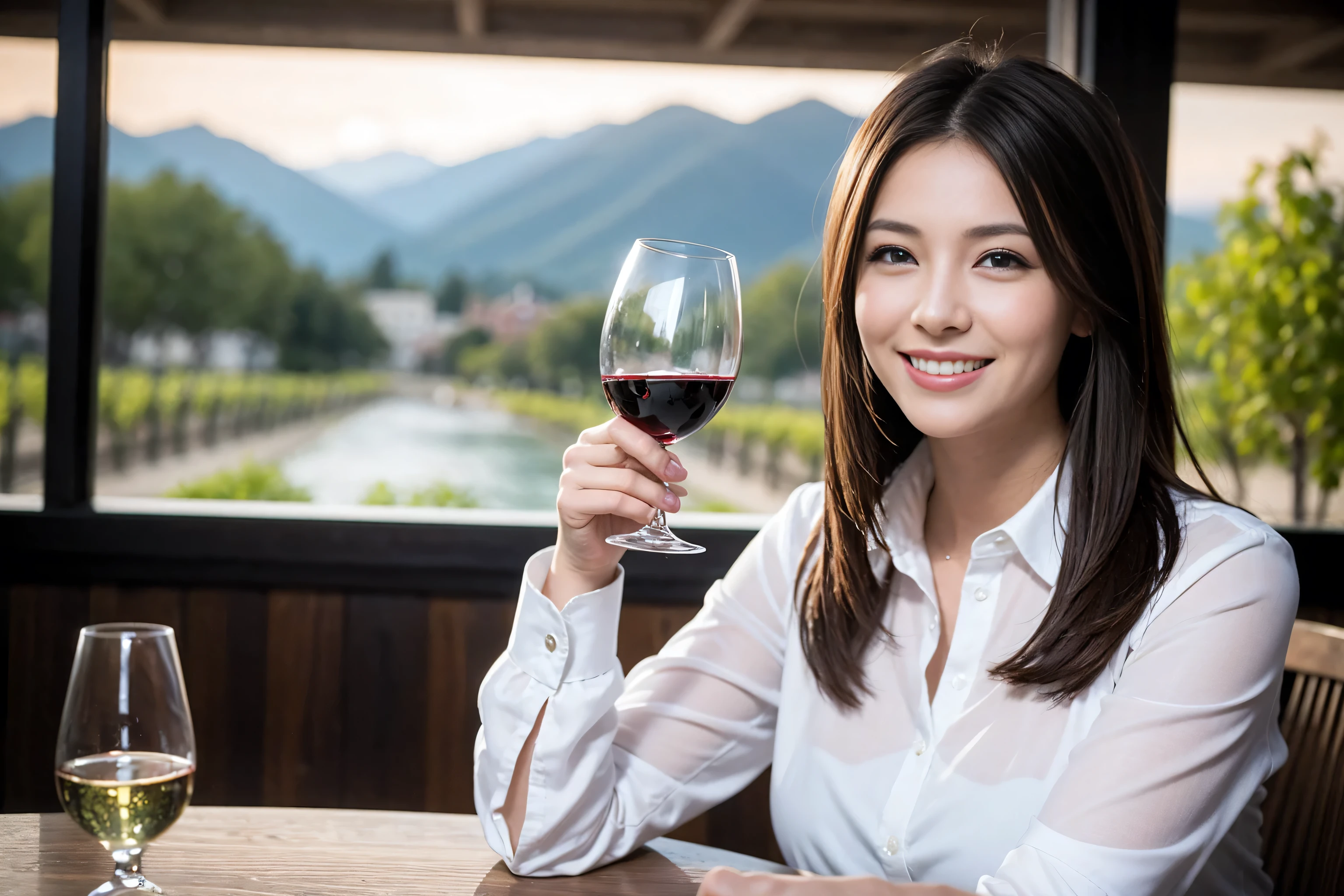 ((highest quality、8k、masterpiece:1.3))、1 male、1 female、Couple、spouse、Couple、The body is slim、((Bob Hale、Straight hair:1.2)), (Realistic, Intricate details:1.2), Wine glass on the table、Put the light on your face、 Amazing view of the sunset sky and clouds、Amazing mountain views、A bright smile、The wonderfulness of smile、Bright image、The beauty of wine, Beautiful Face, blue eyes, The light shines on your face, Blushing, short hair,Bright Face、 (Age 37), 39 years old, red wine 、Appetizers、Italian food、Wine bottle、Champagne、sparkling wine、Two beauties、Brown Hair、Shortcuts、Long sleeve shirt、dress、Pretty Woman 1, (Slim face), (The body is slim), (Brown Hair), (Shortcuts), cheeks turn a little red,Attractive beauty、restaurant, In a prominent place (From the waist up) Nova Frog Style, actress, model, Upper Body, White wine, slim, wine glass, A wine glass placed in the center, smile, (smile: 1.15), Beautiful fine grain, Depth f/2,saturation, High Contrast, Strong light and shadow,Moist Body:1.5、3D texture、Delicate eyes、Brown Hair、The hair is very shiny、