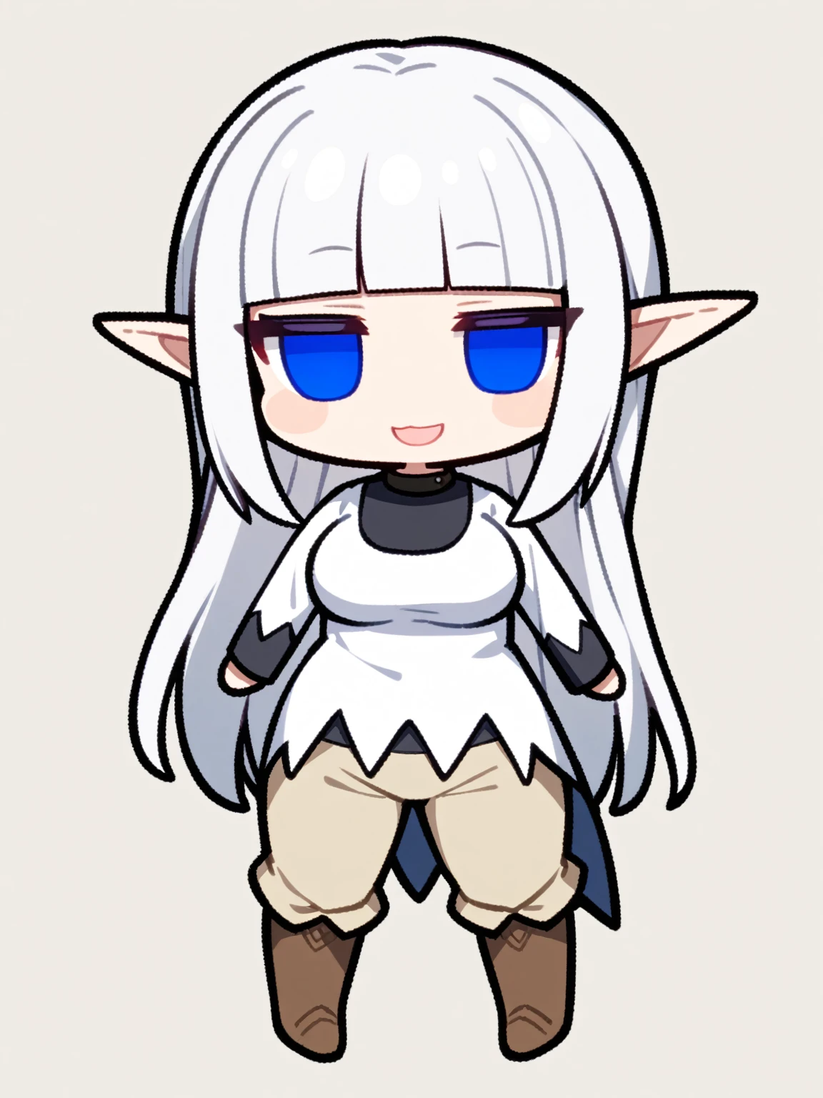 {{{kame (kamepan44231), no humans, chibi, jitome, fumo (doll)}}}, full body, 1 woman, solo, mature female, elf elegant, princess, pointy ears, blue eyes, long hair, straight hair, white hair, blunt bangs, lips, large breasts, happy, white tunic, black collar, black undershirt, beige trousers, leather boots, simple background, blank background, medieval fantasy.
