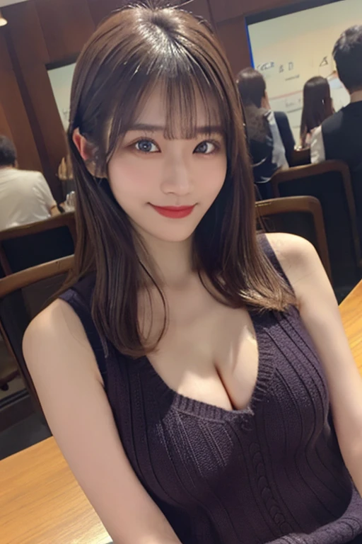 (Realistic, Tabletop, highest quality, RAW Photos, Self Snap:1.3)、1 girl, alone, 30 years old、Long Hair, Brown Hair, detailedな顔, Attractive face, Beautiful eyes in every detail,(Thin sweater that kills virgins,Sleeveless,Cleavage cutout :1.2), (Covered nipples:0.9),Medium chest,Side bust, Dynamic pose, (Looking at the audience, Front view,Eye focus:1.2), detailedな背景, detailed, Intricate details, Ray Tracing, Written boundary depth, Captivating smile