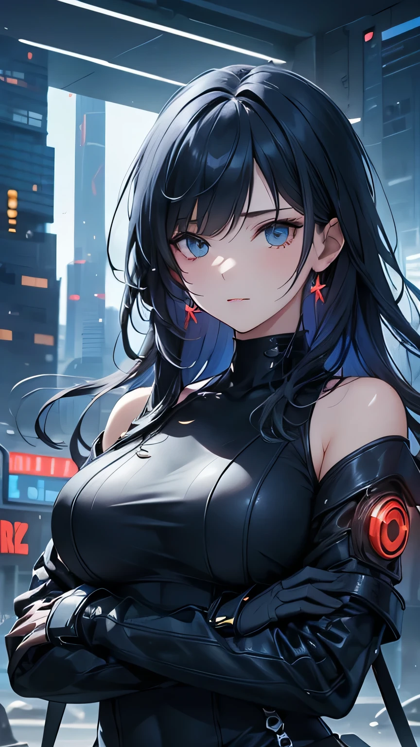 dark blue hair, long hair, swept bangs, jewelry, hairpods, cinematic lighting, UHD, masterpiece, accurate, high quality, highres, best quality, high details, super detail, off-Shoulder, (red bodysuit), science fiction, cyberpunk, ruined city, buildings, midnight, (arms crossed)