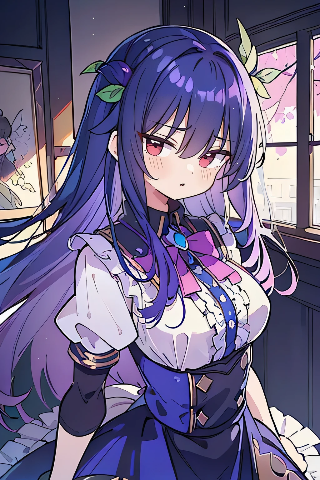 (best quality:1.3), (masterpiece:1.3), (illustration:1.3), (ultra-detailed:1.3), (imid shot:0.9), 1girl, medium breasts, purple eyes, (((dark blue hair))), hair ornaments, young, outfit-gladiia, long hair, dark blue hair, indoors, black shorts, thigh-highs, low ponytail, expressionless, upper body, close up, coat, skirt,