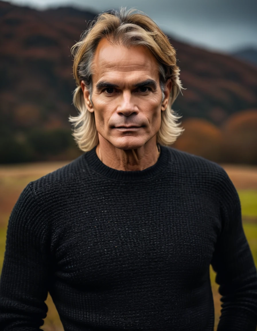 professional photo, closeup portrait photo of 30 yo british [man:David Lee Roth:0.1], wearing a black sweater, serious face, dramatic lighting, nature, gloomy, cloudy weather, bokeh