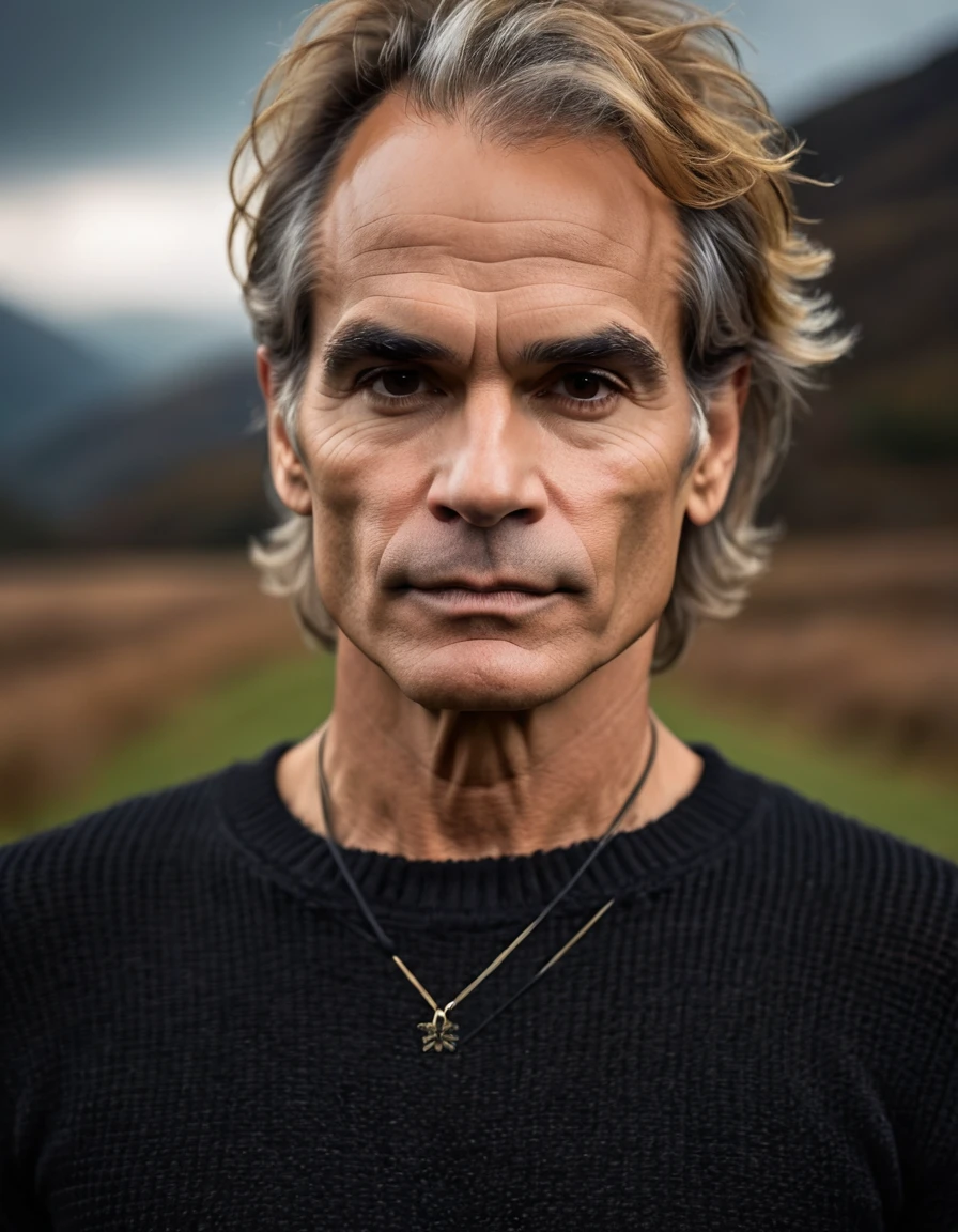 professional photo, closeup portrait photo of 30 yo british [man:David Lee Roth:0.1], wearing a black sweater, serious face, dramatic lighting, nature, gloomy, cloudy weather, bokeh