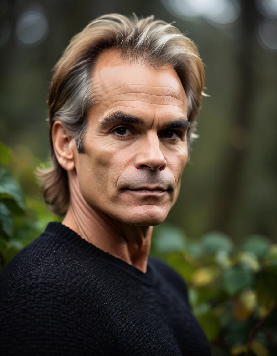 professional photo, closeup portrait photo of 30 yo british [man:David Lee Roth:0.1], wearing a black sweater, serious face, dramatic lighting, nature, gloomy, cloudy weather, bokeh