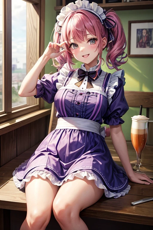 Of the highest quality，high resolution、Tomochika_Dannoura、wearing bright purple maid clothes, cara muy detallada、colas gemelas、boca cerrada、sonrisa, oreja de gato, Coffee shop, obra maestra, Of the highest quality, Fondo de pantalla de 8k muy detallado、Todo el cuerpo、lavadero