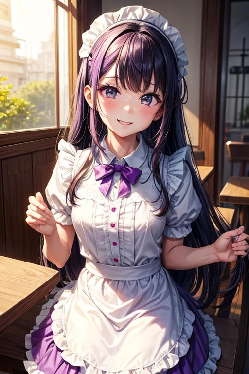 Of the highest quality,high resolution、Tomochika_Dannoura、wearing bright purple maid clothes, cara muy detallada、colas gemelas、boca cerrada、sonrisa, oreja de gato, Coffee shop, obra maestra, Of the highest quality, Fondo de pantalla de 8k muy detallado、Todo el cuerpo、lavadero