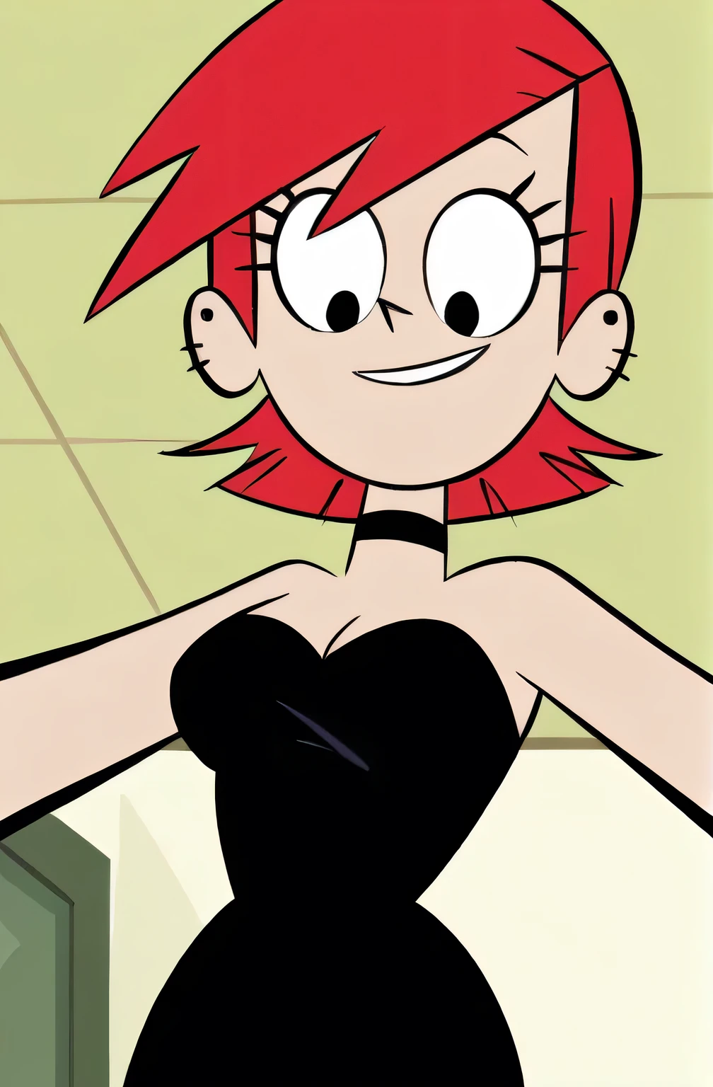 FrankieFoster, red medium hair, red bob hair cut, black eyes, solo, strapless black dress, smug, chocker, beautiful, cleavage, expensive ballroom, looking at viewers, from below, Reached her arms out.