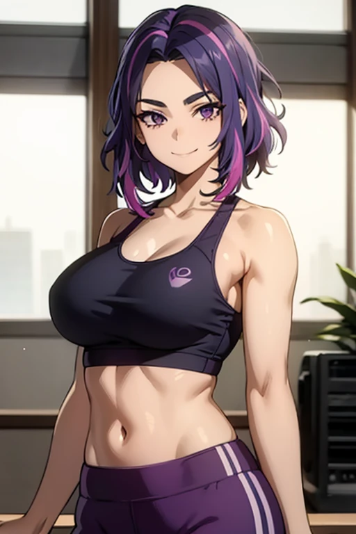 1girl, short hair, purple hair, multicolored hair, purple eyes,.masterpiece, best quality, photorealistic, yujiasuit, yoga sports bra, yoga pants, 1girl, solo, , yoga ball, pants, looking at viewer, smile, green sports bra, simple background, , midriff, long hair, breasts, green pants, sportswear, tank top, upper body